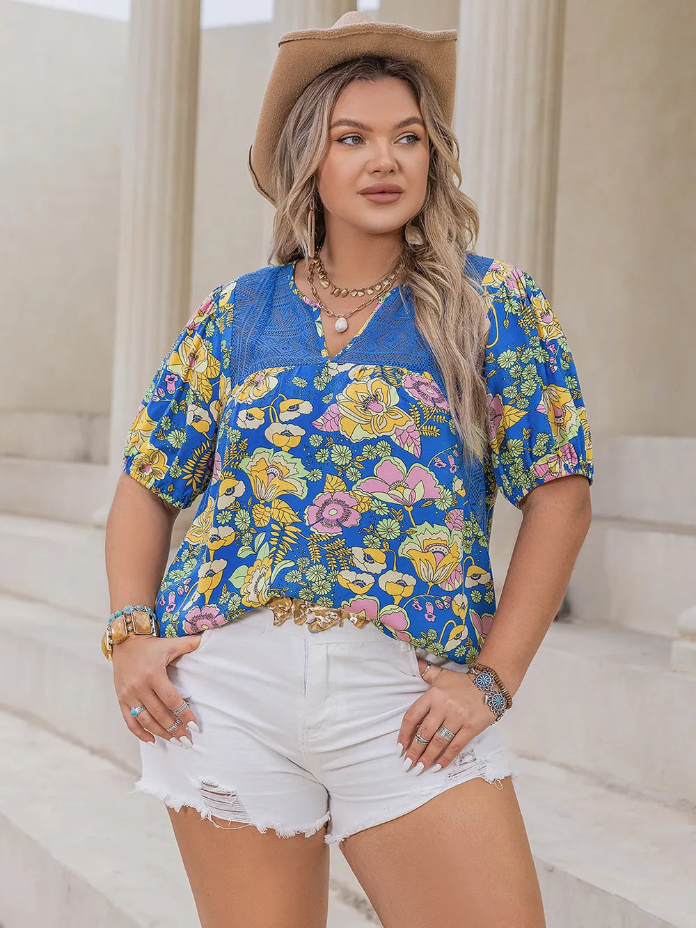 Plus Size Printed Notched Short Sleeve Blouse - Plus Size Shirts by Trendsi | Available at Handbags Specialist Headquarter