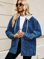 Oversized Button Up Denim Jacket with Hood - Tops by Trendsi | Available at Handbags Specialist Headquarter