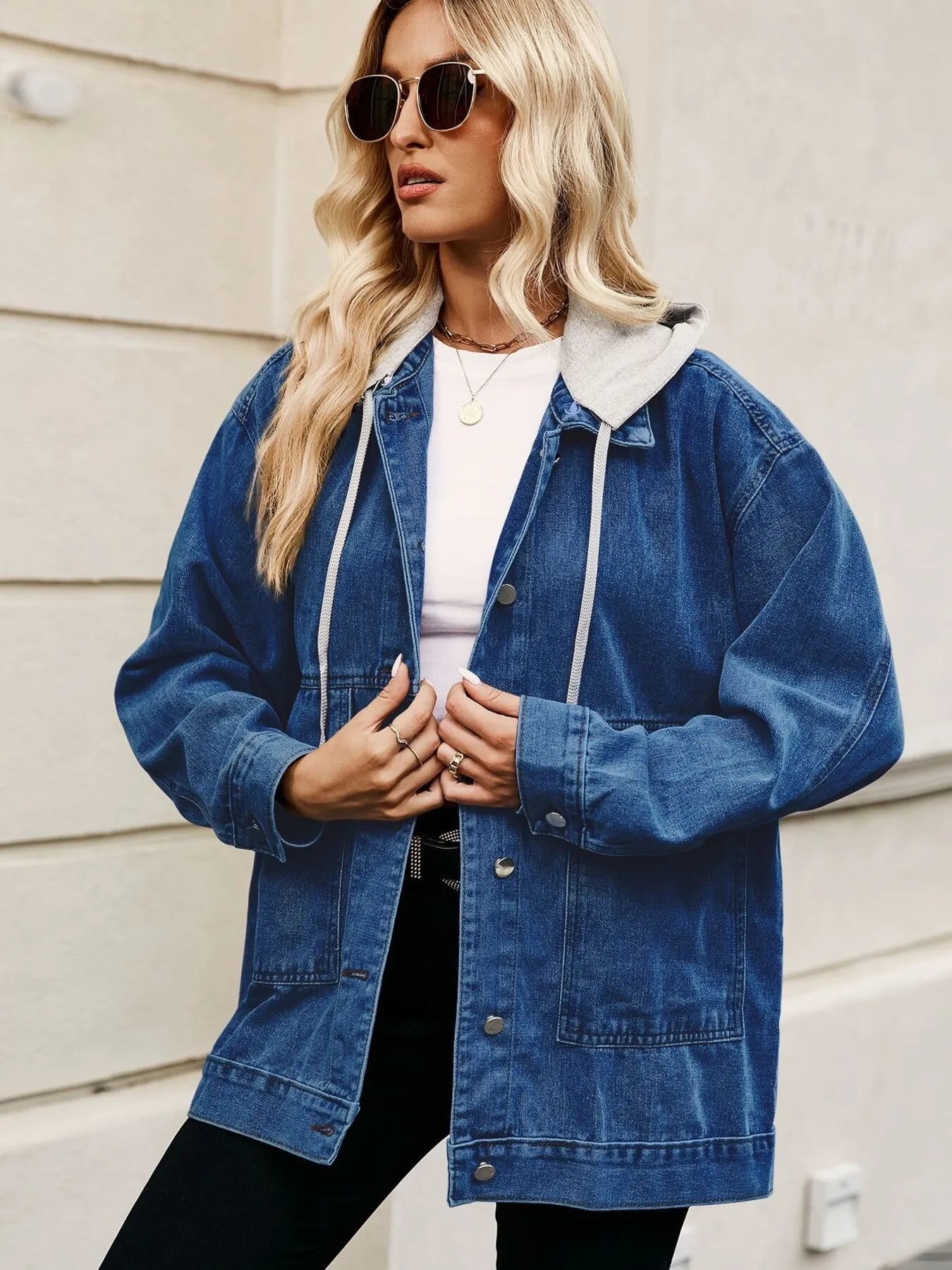 Oversized Button Up Denim Jacket with Hood - Tops by Trendsi | Available at Handbags Specialist Headquarter
