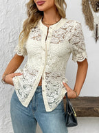 Button Down Half Sleeve Lace Shirt - Women's Down Shirt Tops by Trendsi | Available at Handbags Specialist Headquarter