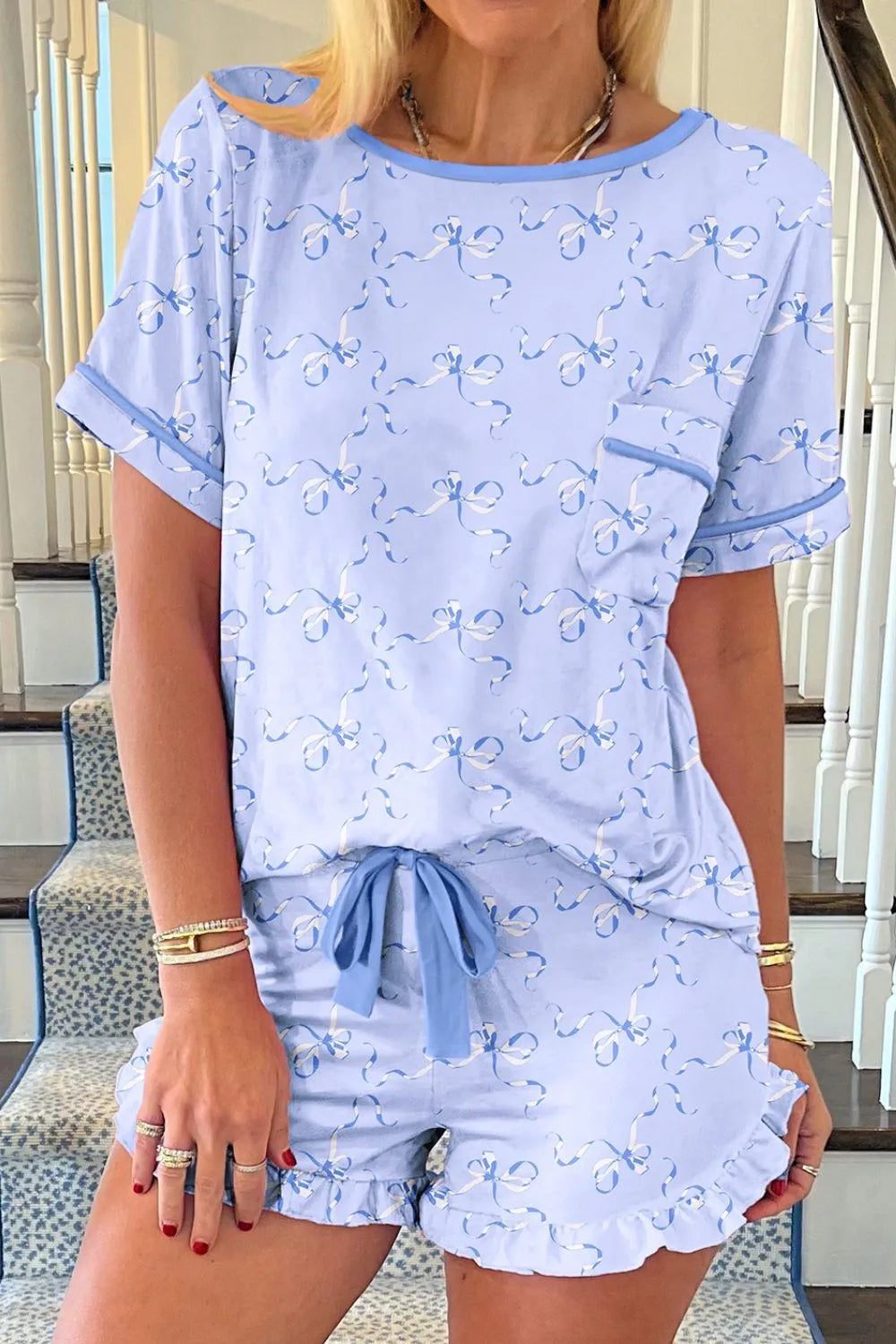 Bow Print Short Sleeve Top and Shorts Pajama Set - Sleepwear by Trendsi | Available at Handbags Specialist Headquarter