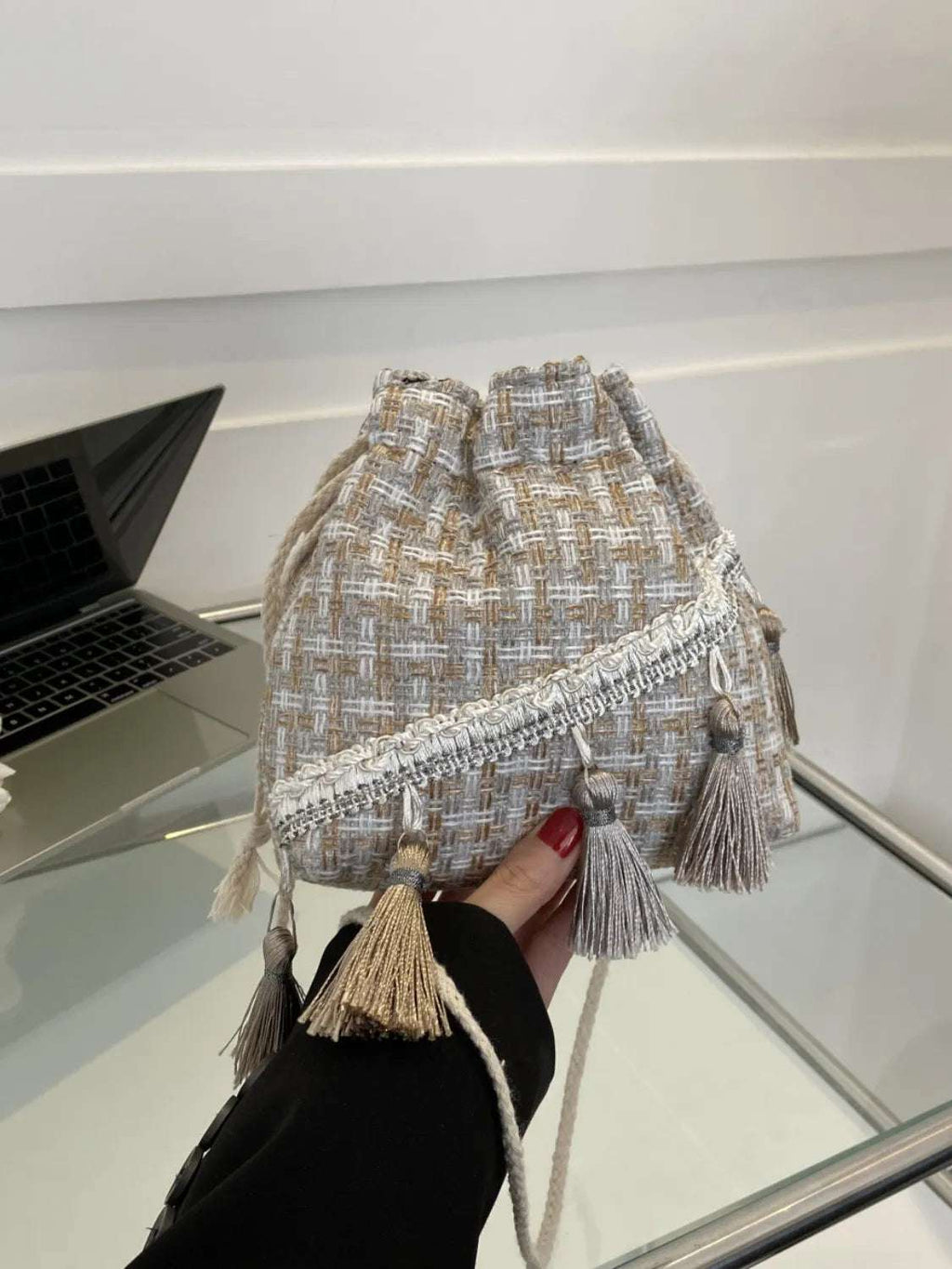 Tassel Trim Woven Bucket Crossbody Bag - Crossbody Bag by Trendsi | Available at Handbags Specialist Headquarter