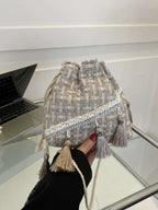 Tassel Trim Woven Bucket Crossbody Bag - Crossbody Bag by Trendsi | Available at Handbags Specialist Headquarter