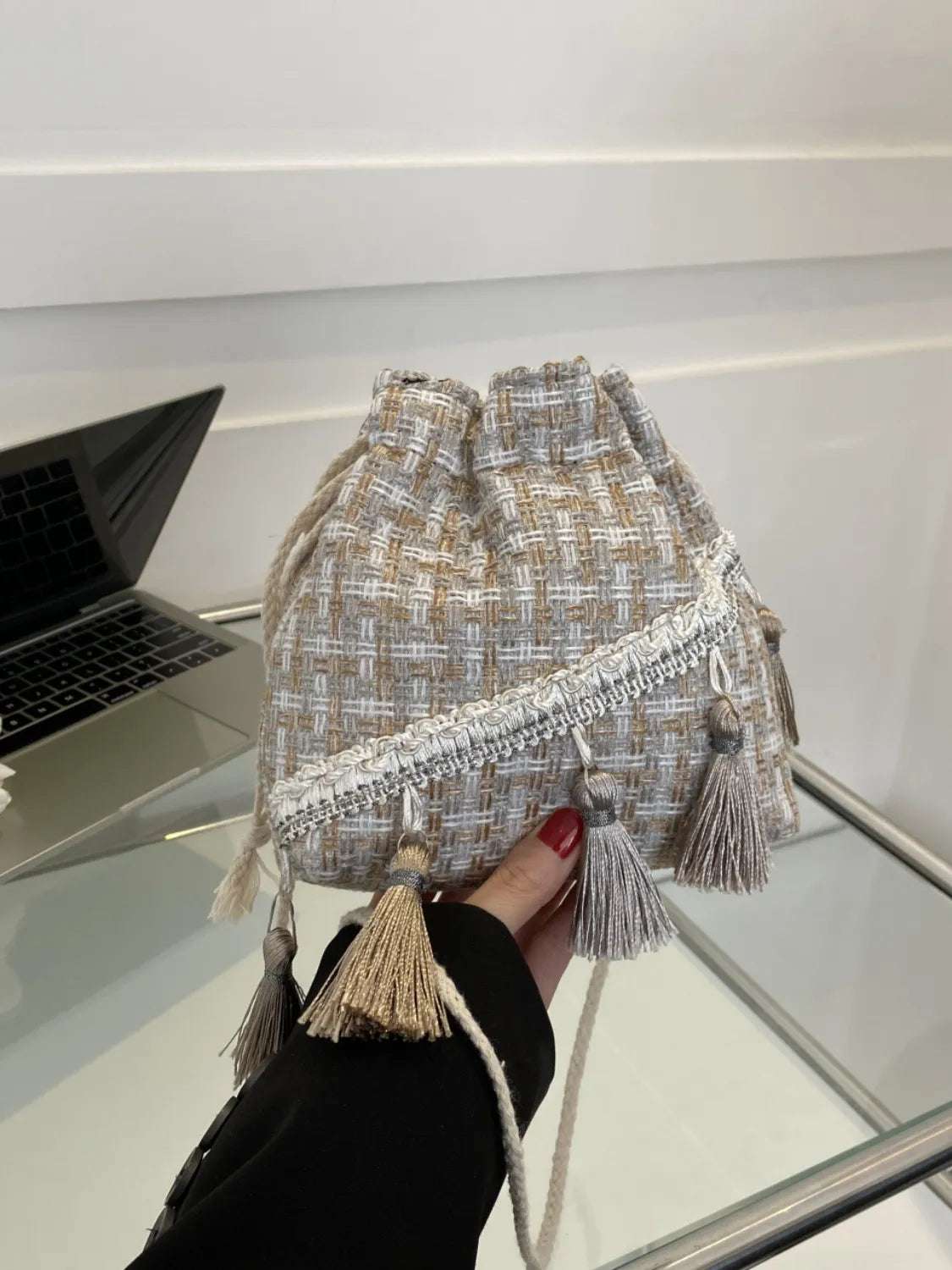 Tassel Trim Woven Bucket Crossbody Bag - Crossbody Bag by Trendsi | Available at Handbags Specialist Headquarter