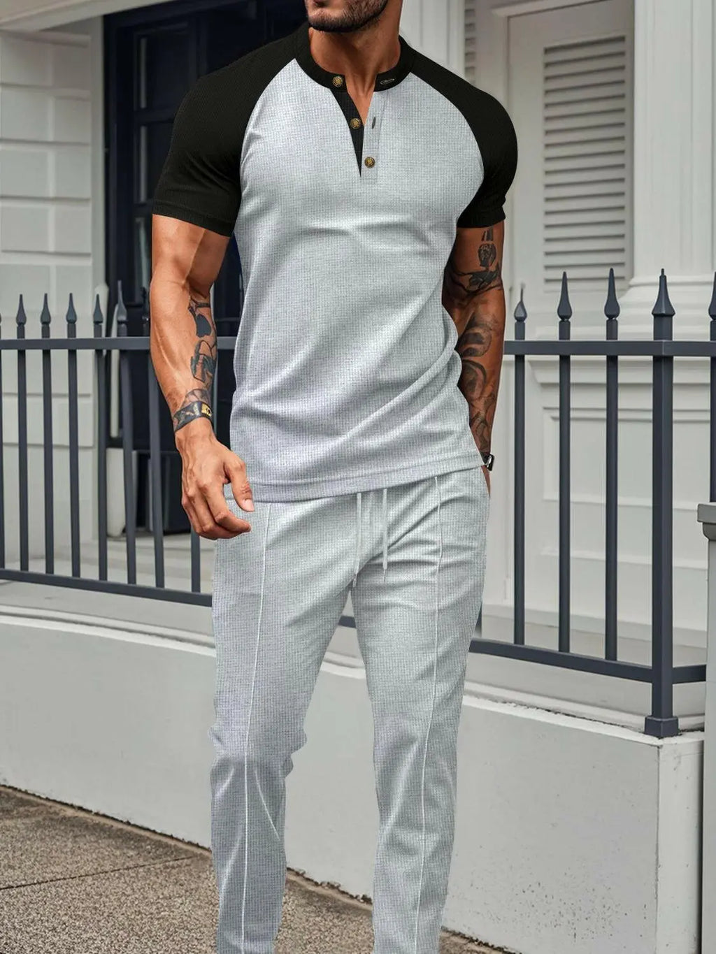Men's Full Size Waffle-Knit Contrast Top and Drawstring Pants Set Plus Size - Men's Sets by Trendsi | Available at Handbags Specialist Headquarter