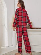 Plaid Collared Neck Long Sleeve Top and Pants Lounge Set - Sleepwear by Trendsi | Available at Handbags Specialist Headquarter