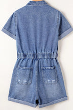 Chest Pocket Front Buttoned Folded Edge Denim Short Sleeve Romper - Women / Jeans & Denim by Trendsi | Available at Handbags Specialist Headquarter