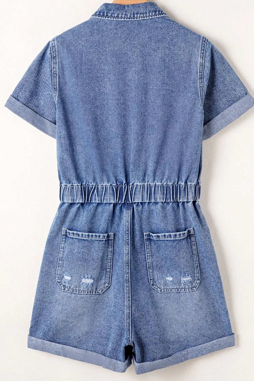 Chest Pocket Front Buttoned Folded Edge Denim Short Sleeve Romper - Women / Jeans & Denim by Trendsi | Available at Handbags Specialist Headquarter