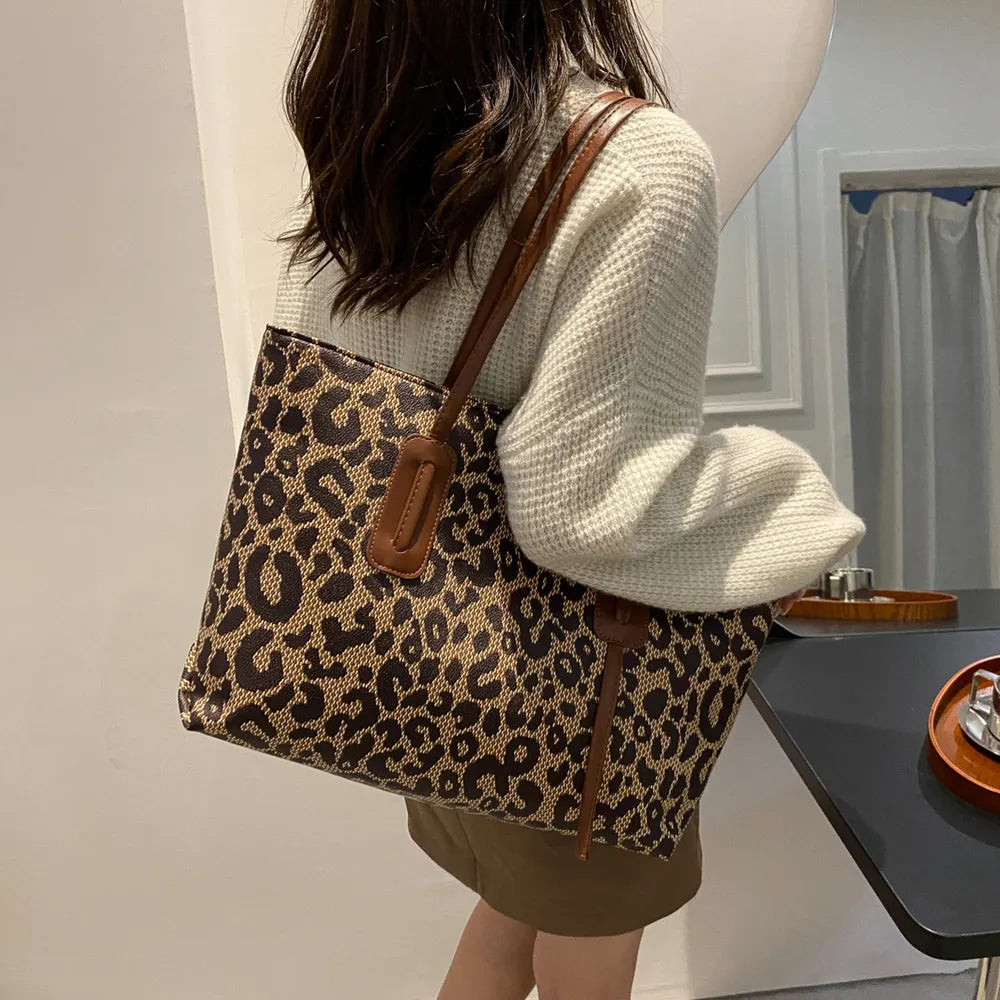 PU Leather Leopard Tote Bag - Tote Bag by Trendsi | Available at Handbags Specialist Headquarter