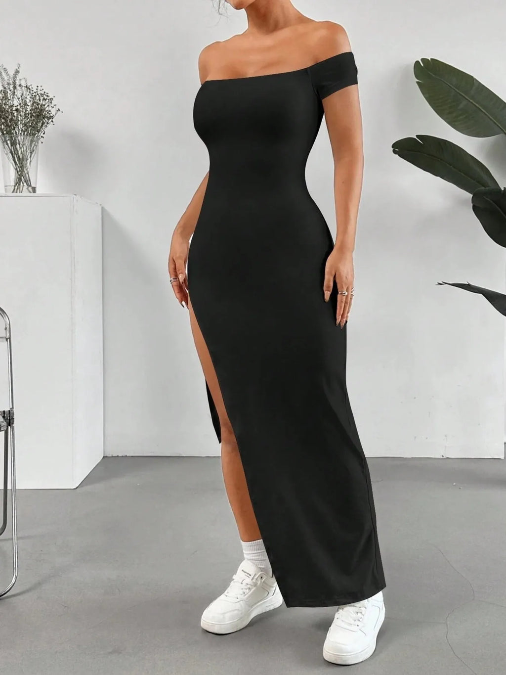 Off-Shoulder High Slit Bodycon Maxi Dress - Maxi Dress by Trendsi | Available at Handbags Specialist Headquarter