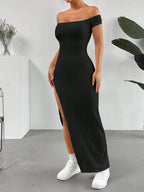 Off-Shoulder High Slit Bodycon Maxi Dress - Maxi Dress by Trendsi | Available at Handbags Specialist Headquarter
