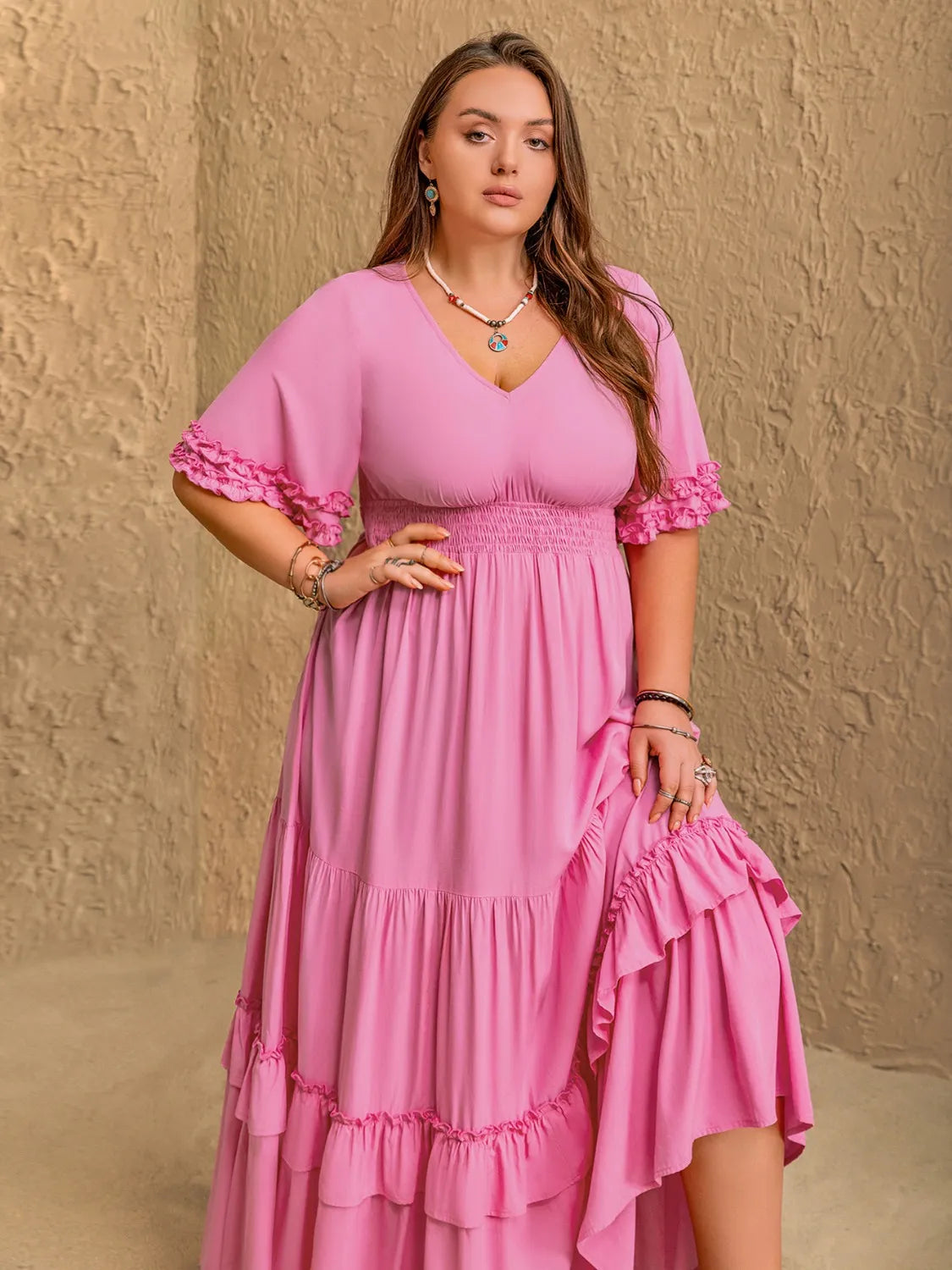Plus Size V-Neck Half Sleeve Maxi Dress - Dresses by Trendsi | Available at Handbags Specialist Headquarter