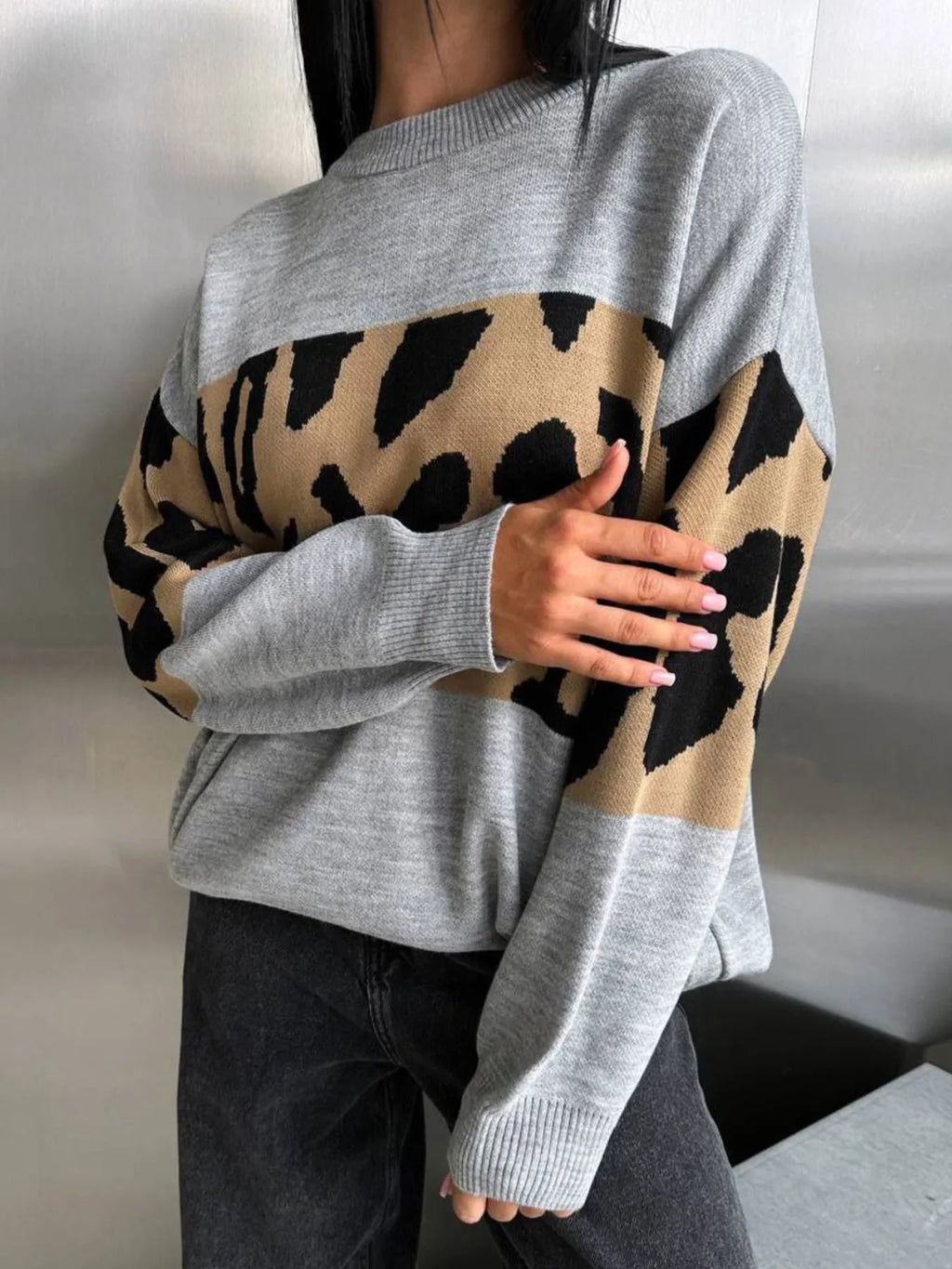 Leopard Color Block Round Neck Sweater - Tops by Trendsi | Available at Handbags Specialist Headquarter