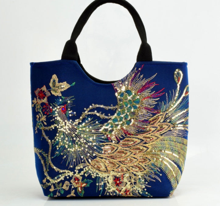 Canvas peacock embroidery small handbag