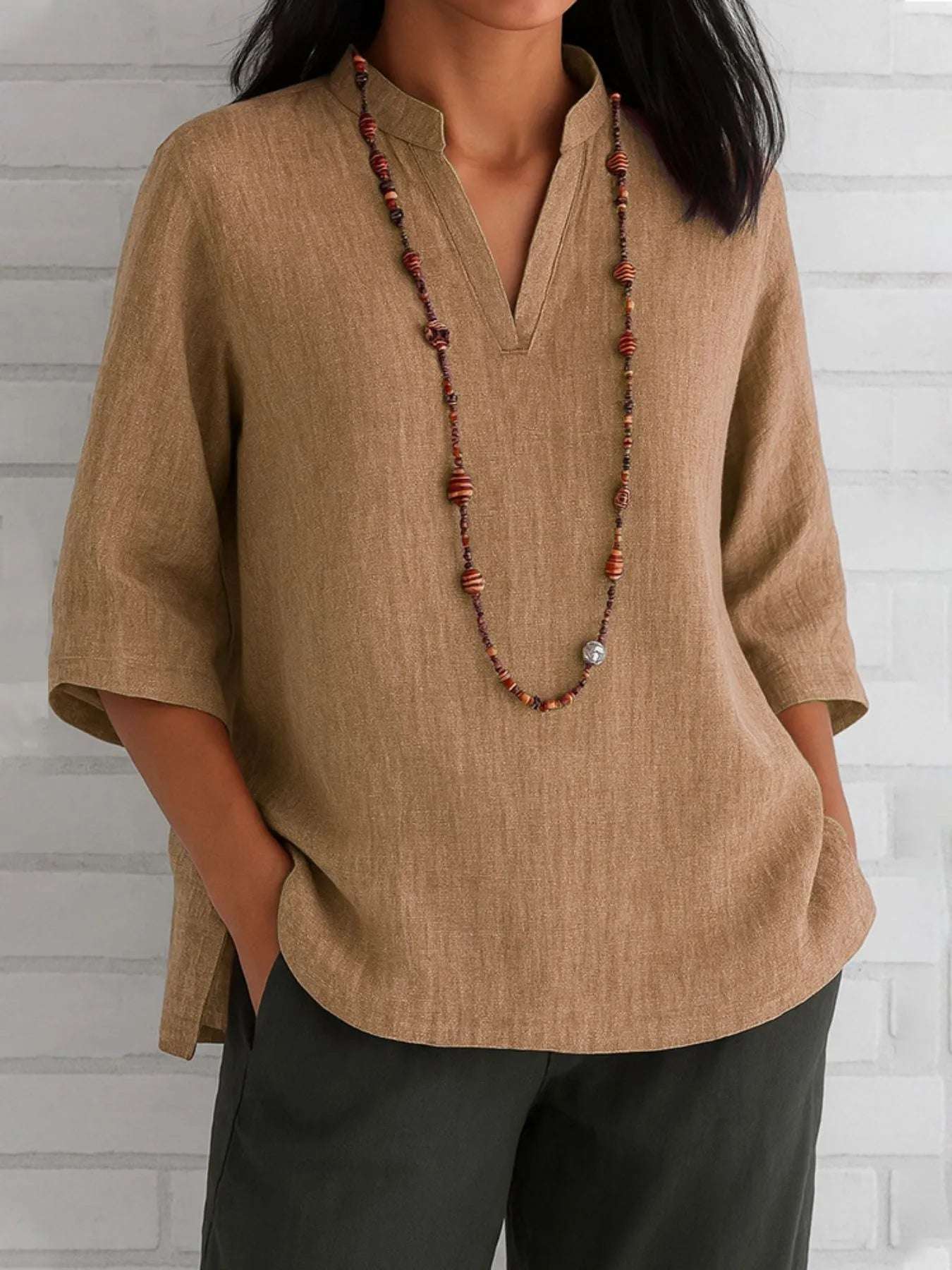 Full Size Notched Three-Quarter Sleeves Blouse Plus Size - Tops by Trendsi | Available at Handbags Specialist Headquarter