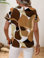 Contrast Round Neck Short Sleeve Blouse - Tops by Trendsi | Available at Handbags Specialist Headquarter