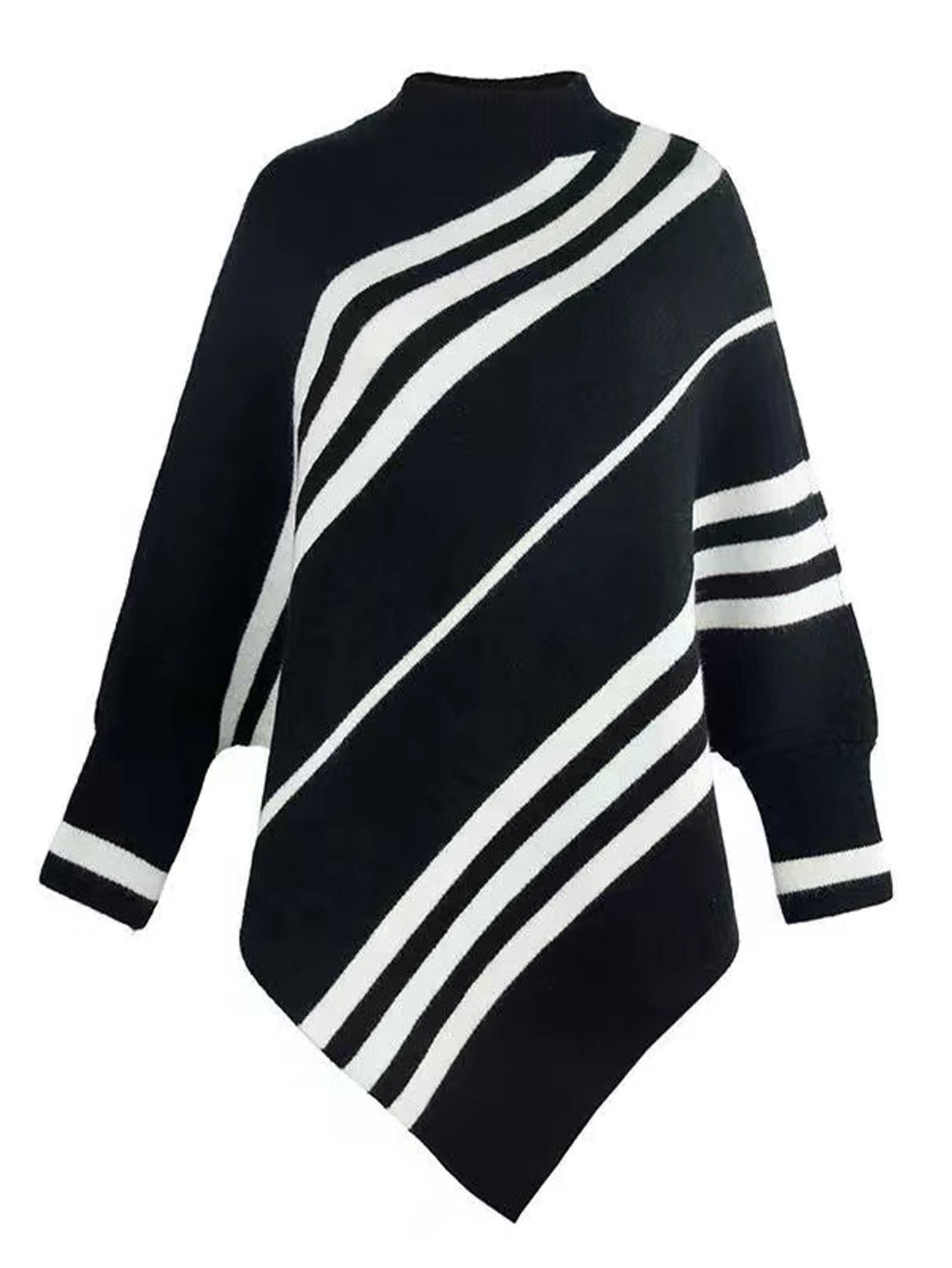 StripeBat Shawl: Half Turtleneck Pullover Sweater - Women's Sweatshirt by Trendsi | Available at Handbags Specialist Headquarter