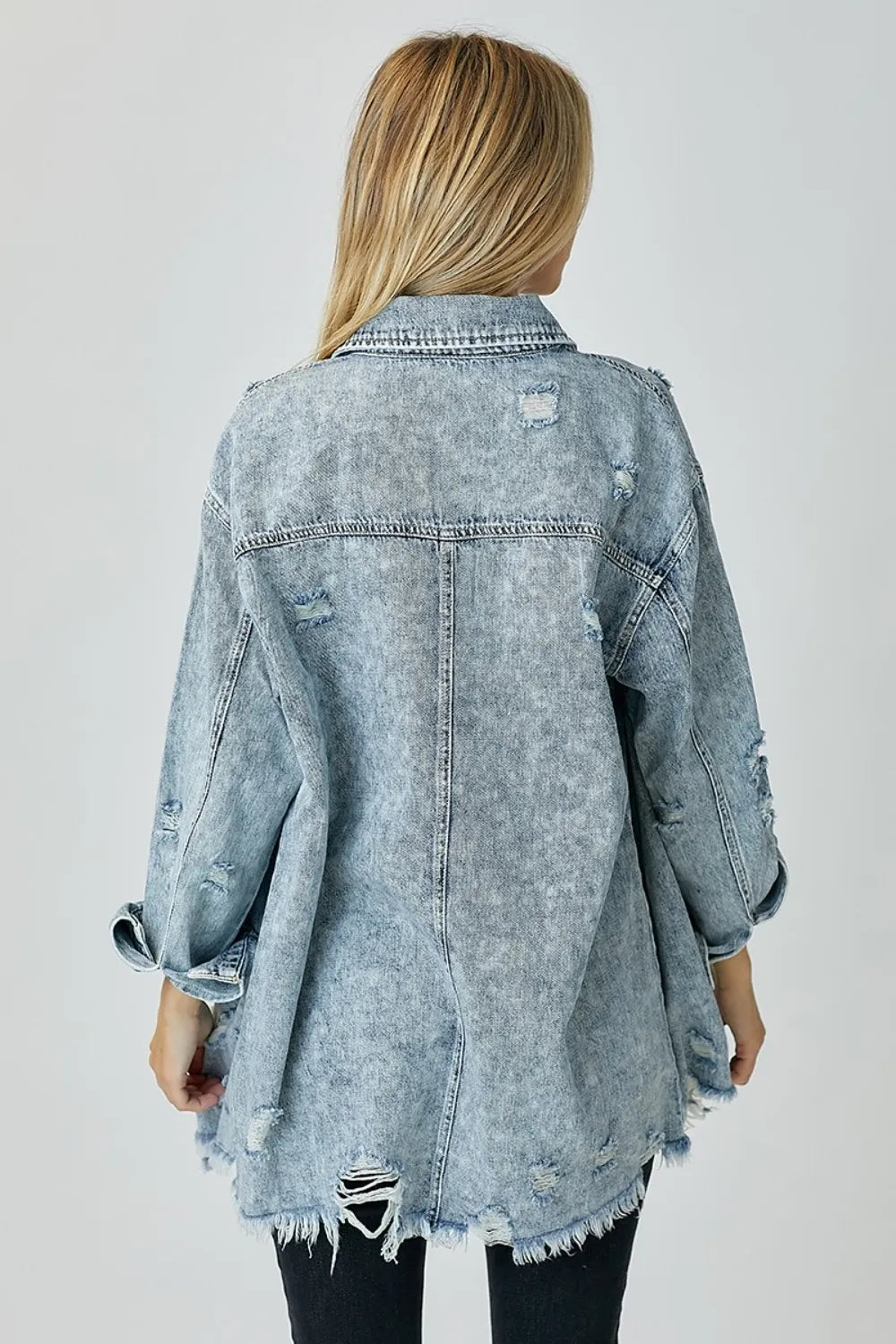 RISEN Distressed Raw Hem Denim Shirt - Women / Jeans & Denim by Trendsi | Available at Handbags Specialist Headquarter