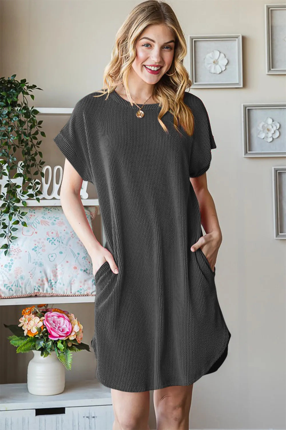 Heimish Full Size Ribbed Round Neck Short Sleeve Tee Dress - Dresses by Trendsi | Available at Handbags Specialist Headquarter