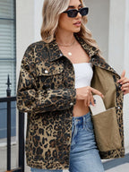 Leopard Print Oversized Denim Jacket - Tops by Trendsi | Available at Handbags Specialist Headquarter