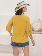 V-Neck Lace Three-Quarter Sleeve Top - Tops by Trendsi | Available at Handbags Specialist Headquarter