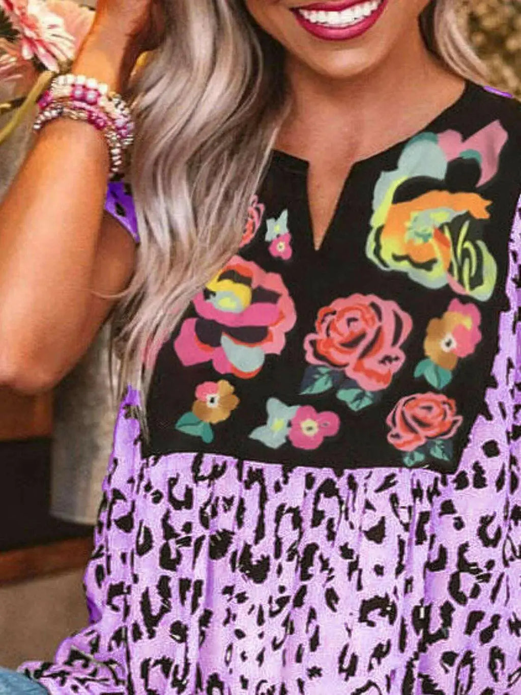 Full Size Leopard Floral Notched Cap Sleeve Blouse Plus Size - Women Plus Size by Trendsi | Available at Handbags Specialist Headquarter