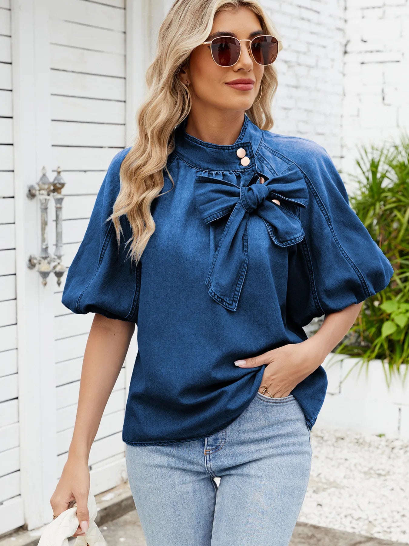 Denim Bow Tie Puff Sleeve Top - Tops by Trendsi | Available at Handbags Specialist Headquarter