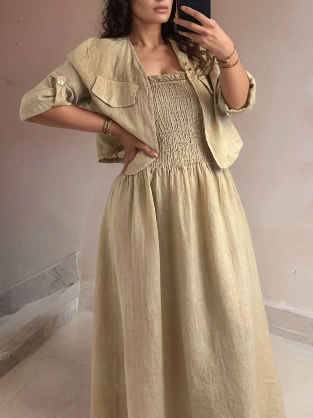 Full Size Smocked Cami Dress and Jacket Set Plus Size - Dresses by Trendsi | Available at Handbags Specialist Headquarter