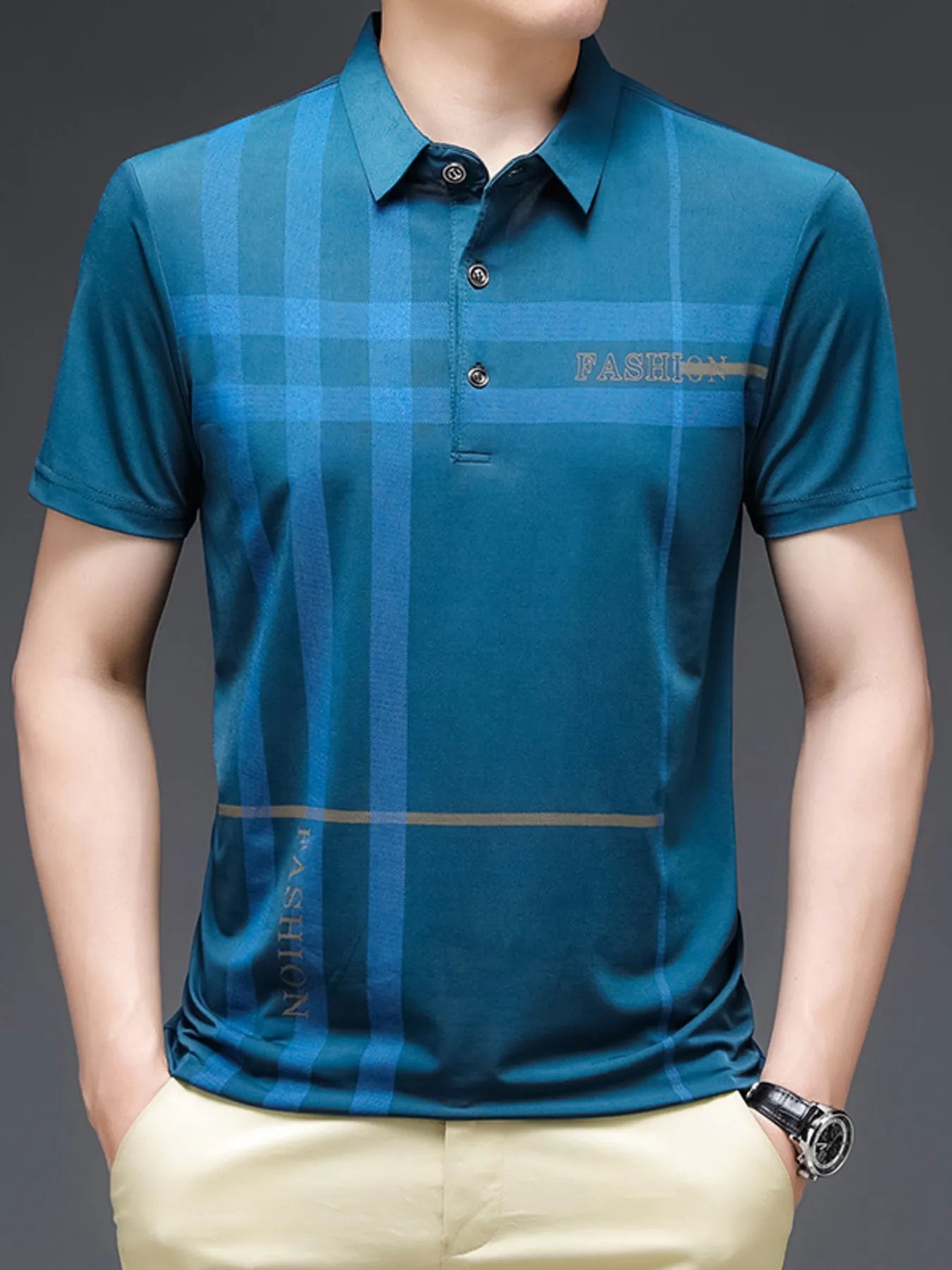 Men's Plus Size Plaid Pattern Short Sleeve Polo Shirt - Men's Polo shirt by Trendsi | Available at Handbags Specialist Headquarter