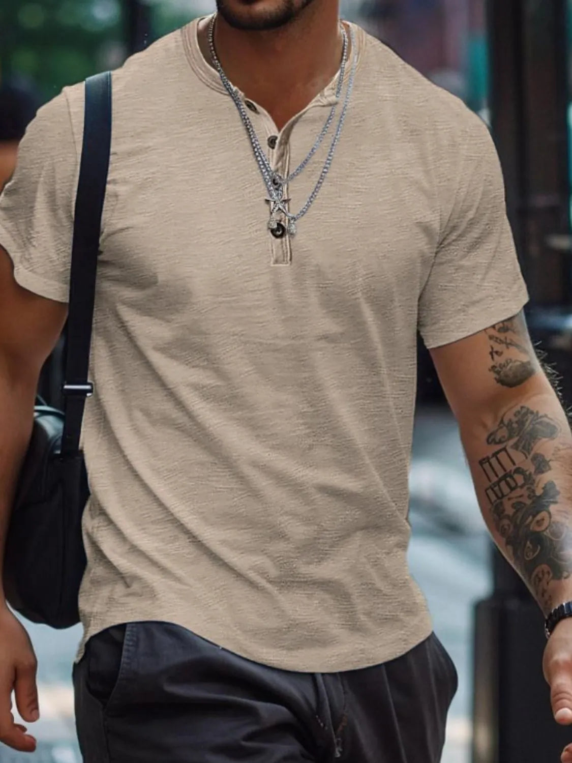 Men's Full Size Button Henley Collar Polo Shirt Plus Size - Men's Polo shirt by Trendsi | Available at Handbags Specialist Headquarter