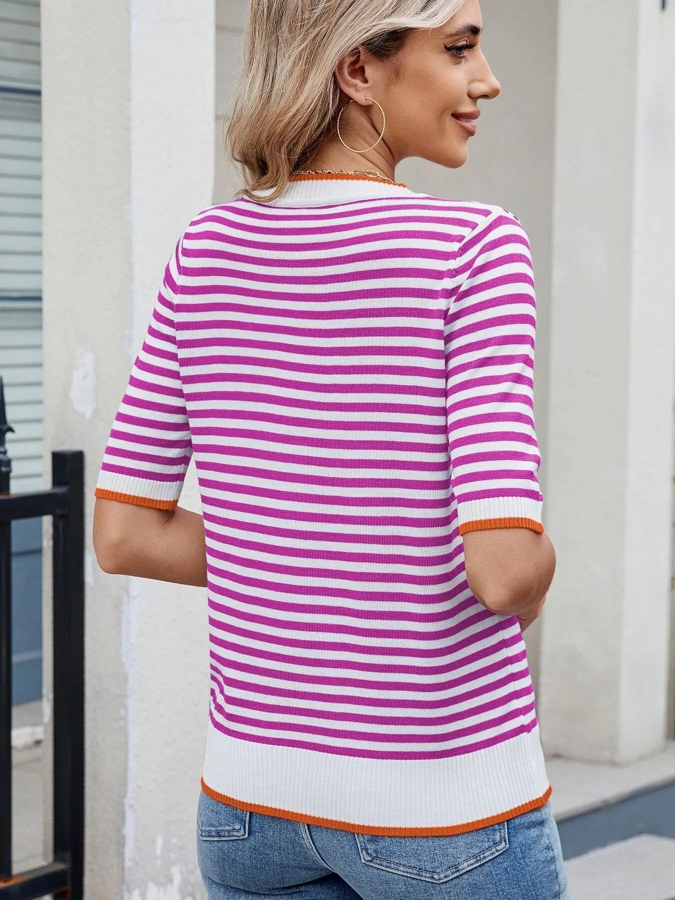 Striped Casual T-Shirt with Contrast Trim - Tops by Trendsi | Available at Handbags Specialist Headquarter