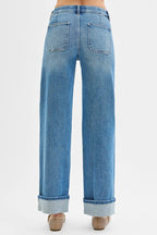 RISEN Full Size Elastic Band Mid Rise Wide Front Patch Pocket Cuff Jeans Plus Size - Women / Jeans & Denim by Trendsi | Available at Handbags Specialist Headquarter