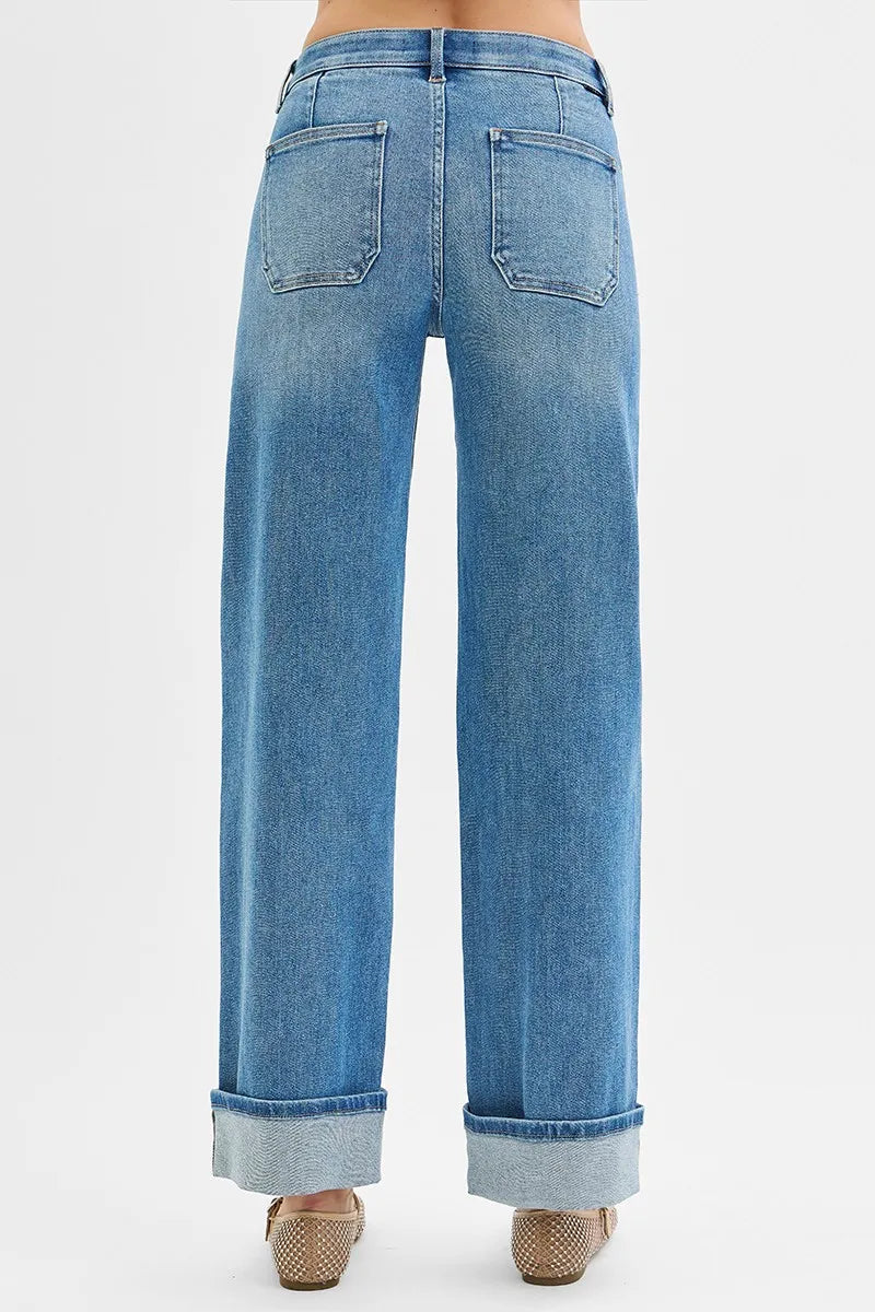 RISEN Full Size Elastic Band Mid Rise Wide Front Patch Pocket Cuff Jeans Plus Size - Women / Jeans & Denim by Trendsi | Available at Handbags Specialist Headquarter