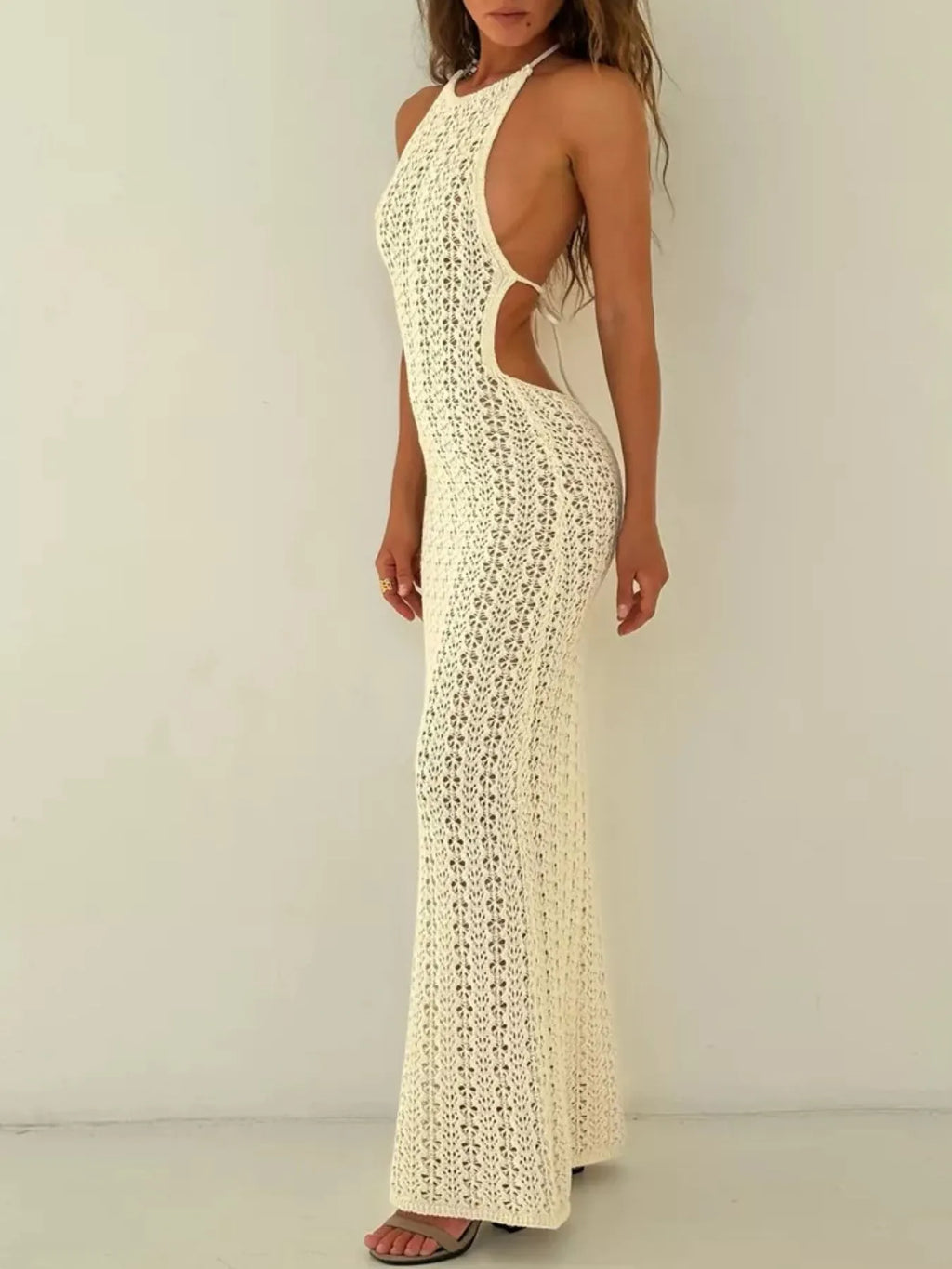 Crochet Halter Neck Bodycon Knit Cover Up Dress - Maxi Dress by Trendsi | Available at Handbags Specialist Headquarter