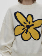 Flower Ribbed Hem Round Neck Sweater - Tops by Trendsi | Available at Handbags Specialist Headquarter