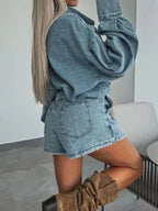 Button-Front Shirt and Mini Skirt Oversized Denim Set - Women / Jeans & Denim by Trendsi | Available at Handbags Specialist Headquarter