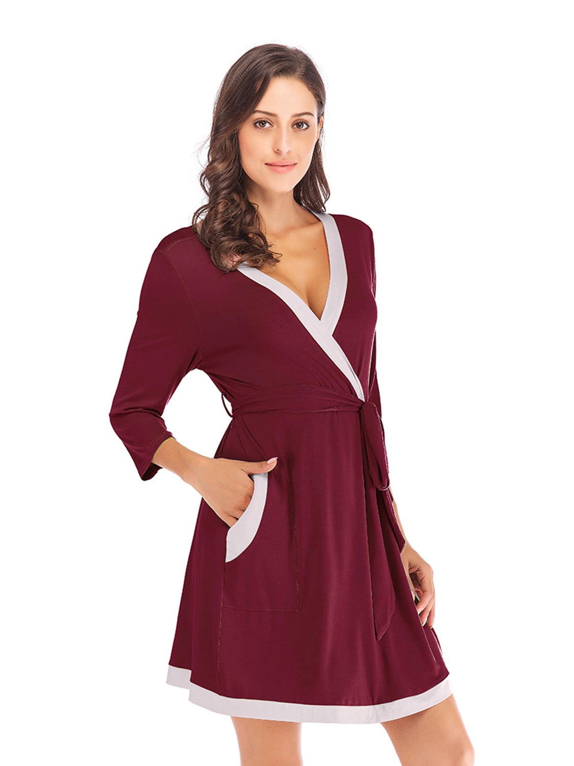 Tie Waist Surplice Neck Robe with Pockets - Sleepwear by Trendsi | Available at Handbags Specialist Headquarter