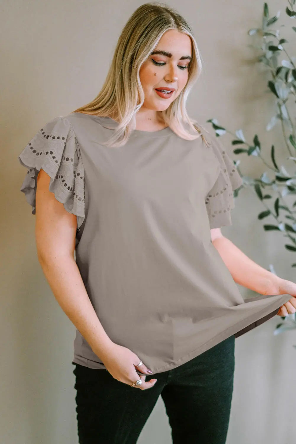 Plus Size Eyelet Round Neck Short Sleeve Blouse - Women Plus Size by Trendsi | Available at Handbags Specialist Headquarter