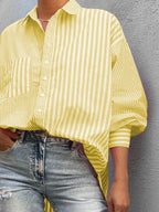 Striped Button Down Long Sleeve Shirt - Women's Down Shirt Tops by Trendsi | Available at Handbags Specialist Headquarter