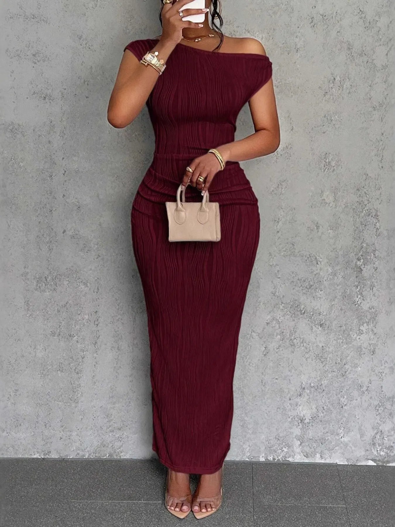 Textured Single Shoulder Bodycon Maxi Dress - Maxi Dress by Trendsi | Available at Handbags Specialist Headquarter