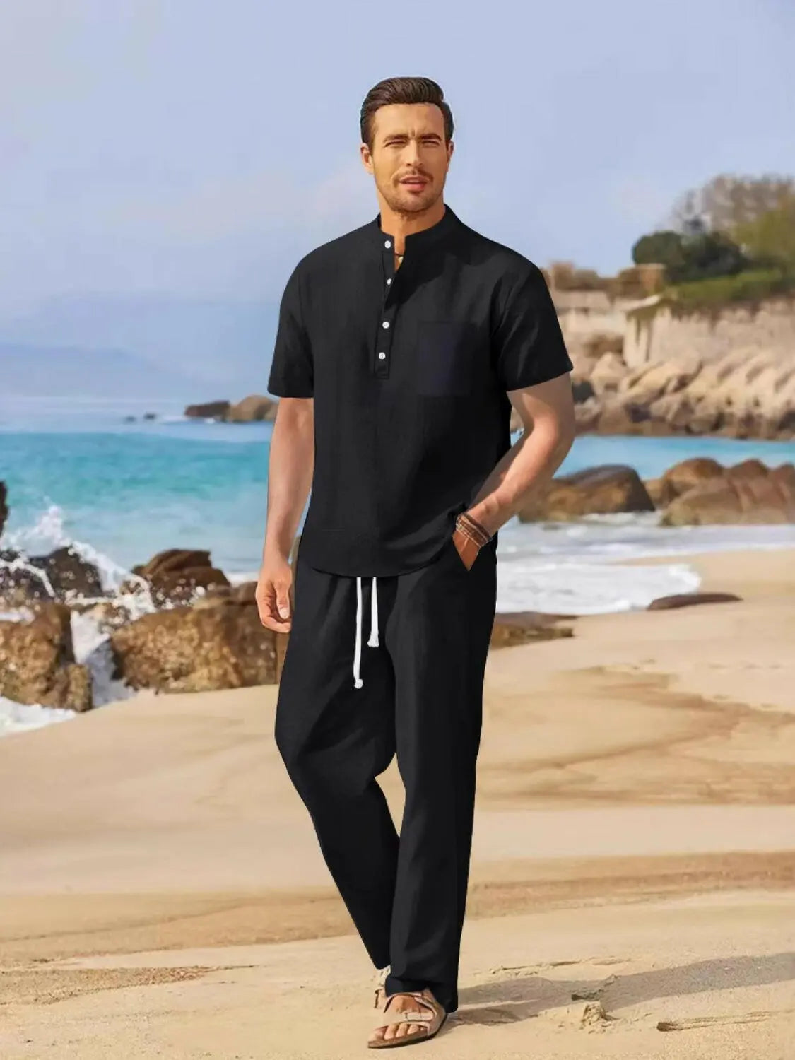 Men's Full Size Half Button Top and Drawstring Pants Set Plus Size - Men's Sets by Trendsi | Available at Handbags Specialist Headquarter
