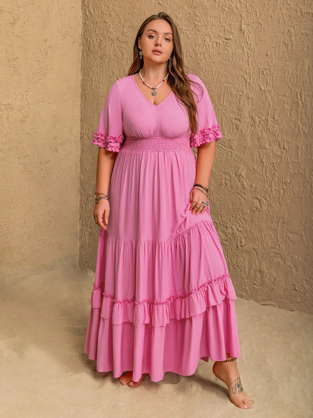 Plus Size V-Neck Half Sleeve Maxi Dress - Dresses by Trendsi | Available at Handbags Specialist Headquarter