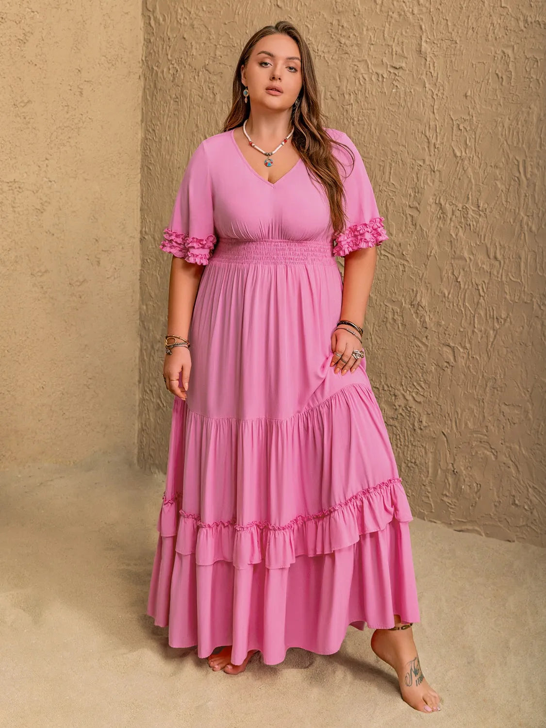 Plus Size V-Neck Half Sleeve Maxi Dress - Dresses by Trendsi | Available at Handbags Specialist Headquarter