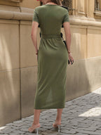 Round Neck Tie-Waist Bodycon Dress - Maxi Dress by Trendsi | Available at Handbags Specialist Headquarter