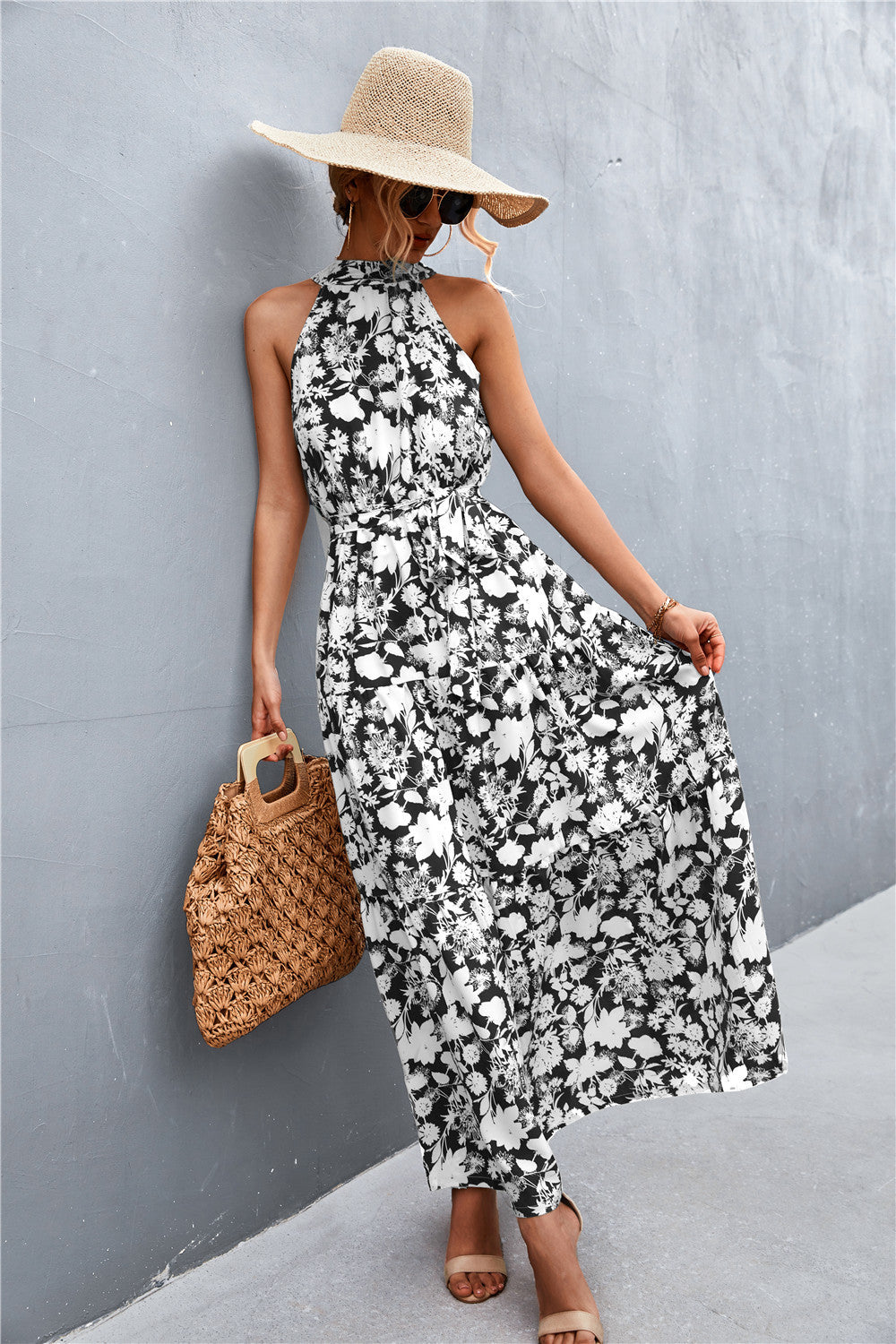Printed Sleeveless Tie Waist Maxi Dress - Maxi Dress by Trendsi | Available at Handbags Specialist Headquarter