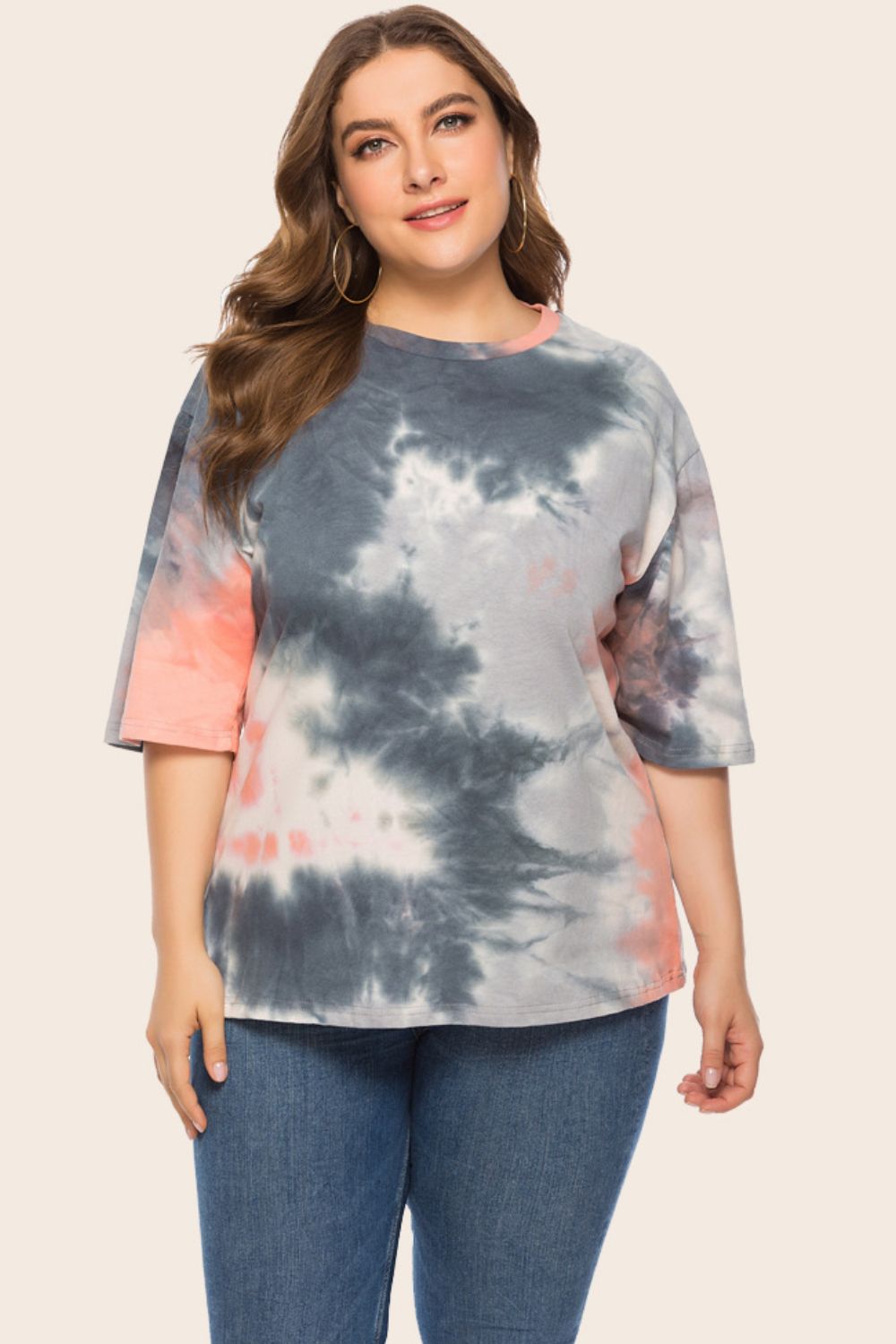 Plus Size Tie-Dye Half Sleeve Tee Shirt - Plus Size Shirts by Trendsi | Available at Handbags Specialist Headquarter