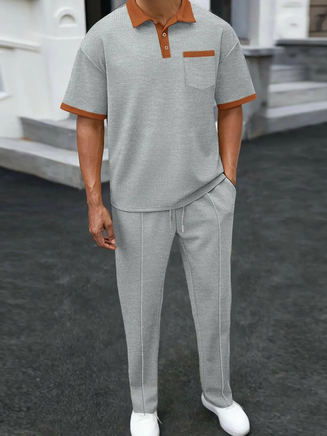 Men's Full Size Waffle-Knit Contrast Polo and Pants Set Plus Size - Men's Sets by Trendsi | Available at Handbags Specialist Headquarter