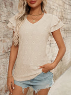 Eyelet V-Neck Ruffled Cap Sleeve Top - Tops by Trendsi | Available at Handbags Specialist Headquarter
