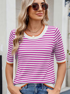 Striped Casual T-Shirt with Contrast Trim - Tops by Trendsi | Available at Handbags Specialist Headquarter