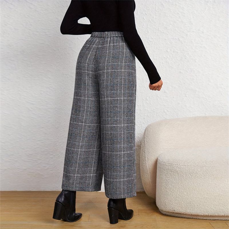 Plaid Breeze: Women's Wide-Leg Office Pants